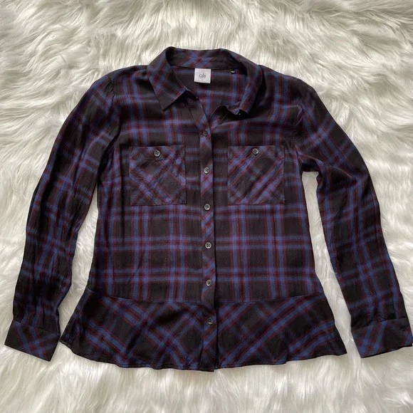 CAbi Flannel Peplum Top Plaid Check Button Down Shirt Ruffle Hem Medium - Picture 2 of 11